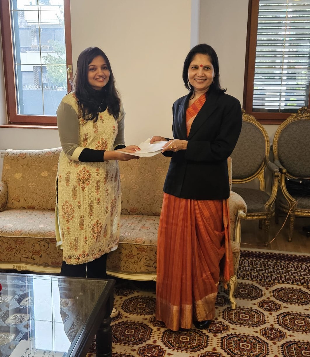 Ms. Shubhdarshini Tripathi, Ambassador of India distributed prizes and certificates to the winners of Hindi Essay and Hindi Poem competition on the occasion of World Hindi Day 2024 - 18 January 2024