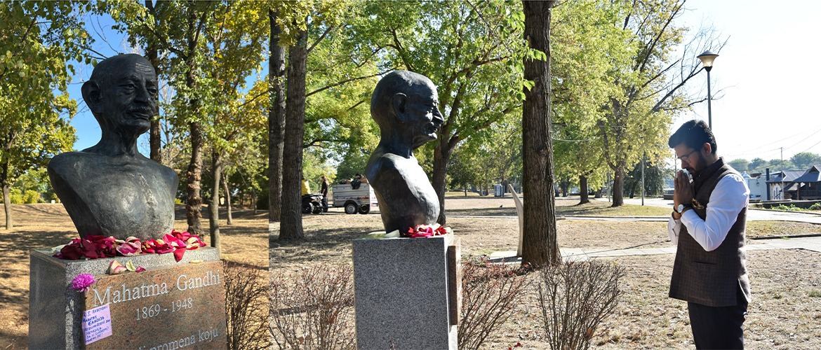  On the occasion of Gandhi Jayanti, 02 October 2026, Ambassador Abhishek Shukla paid floral tribute to the bust of Mahatma Gandhi on the banks of the Sava River in Belgrade.